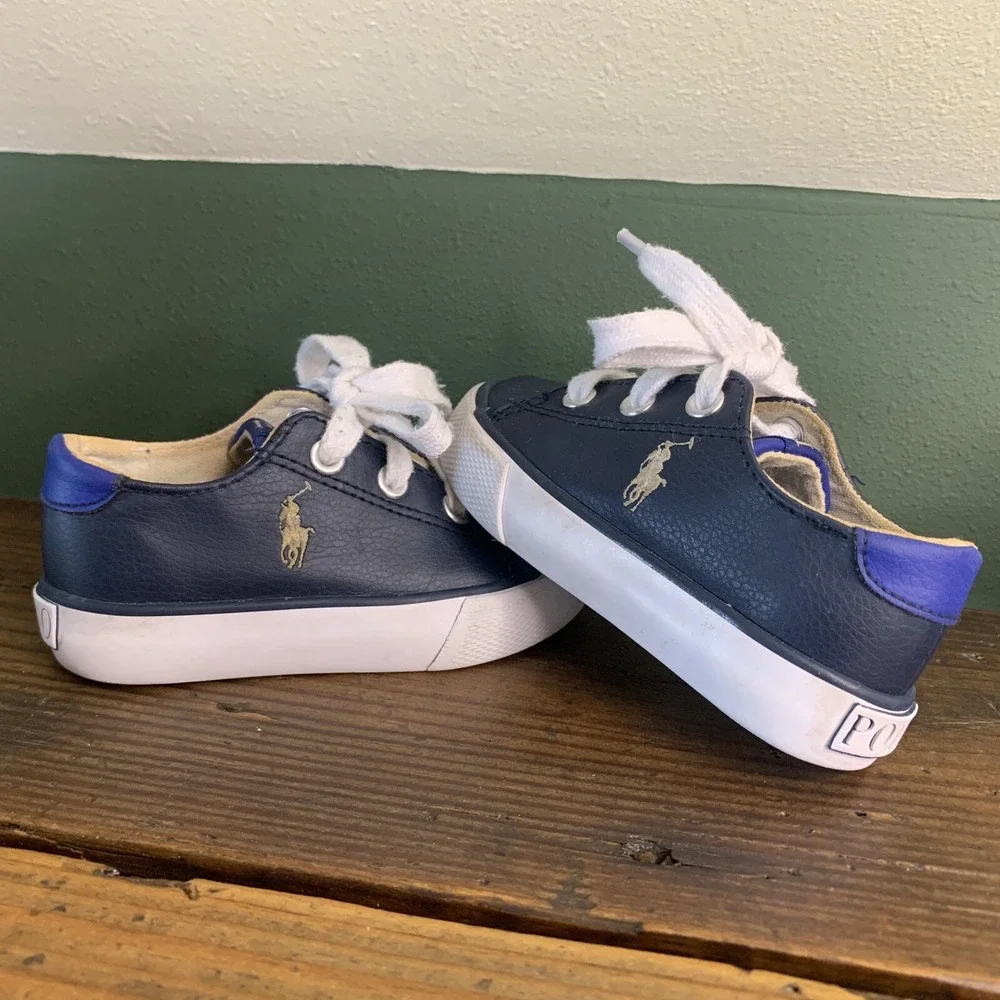 Polo Ralph Lauren Toddler Shoes US sz 5 Blue & White Pony Faux Leather Lace Up